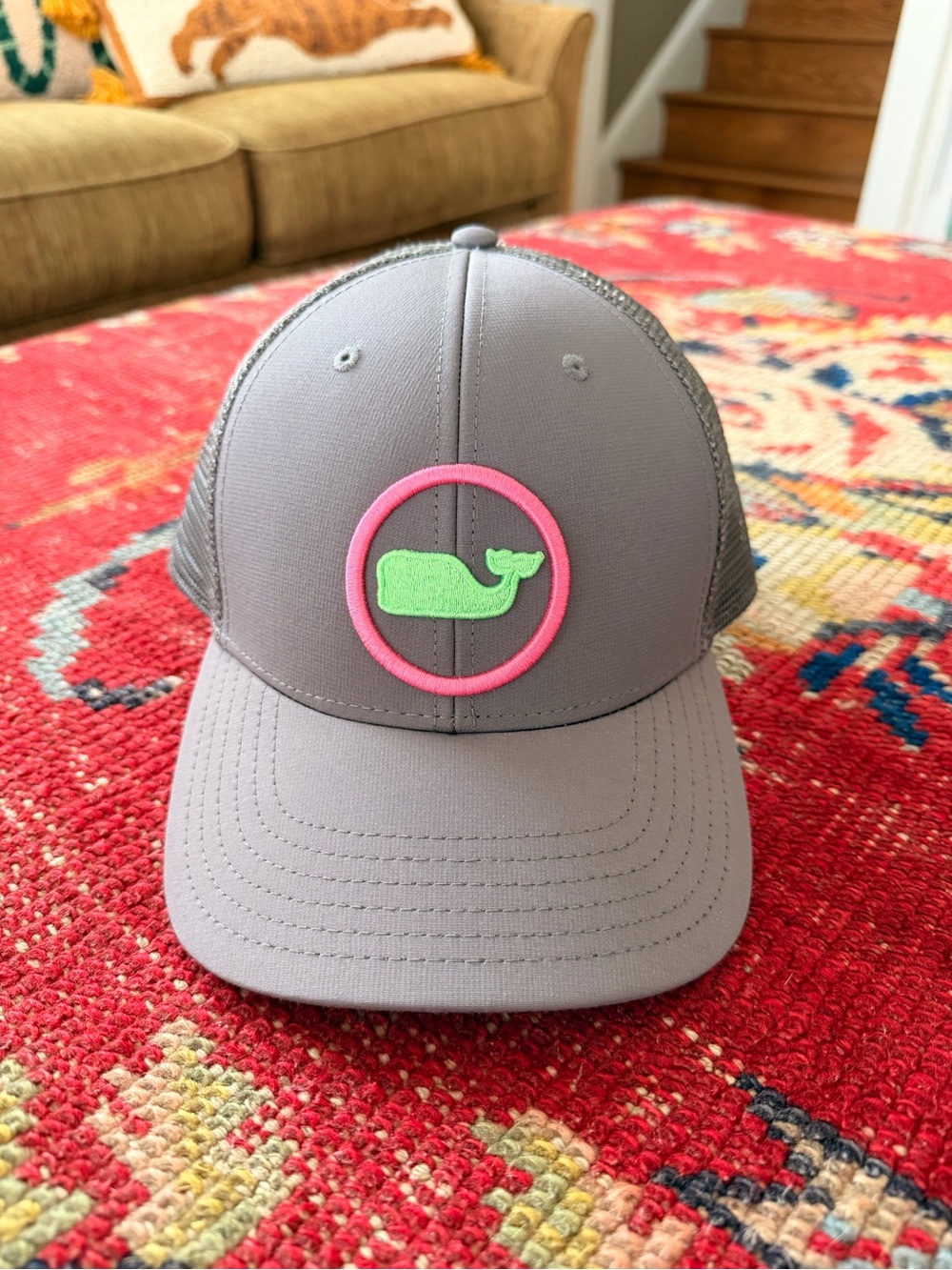 Vineyard Vines Performance Gray Hat with Pink Ring & Green Whale Patch